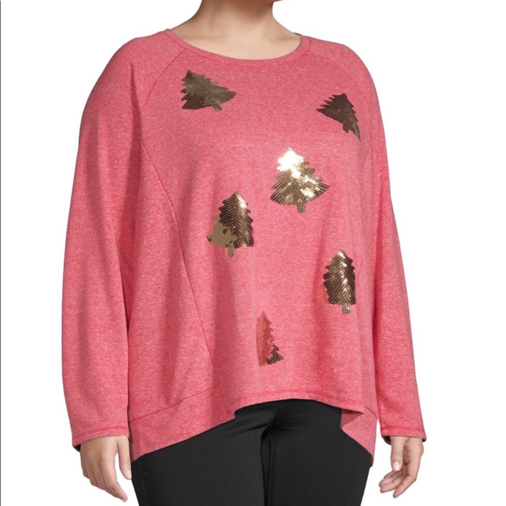Women’s Plus Size Light Red Gold Sequin Trees Long Sleeve Holiday Sweater New